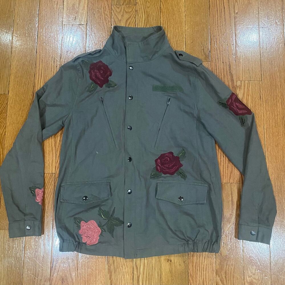 Honey Punch Floral Rose Embroidered Military Style Long Sleeve Jacket Size S